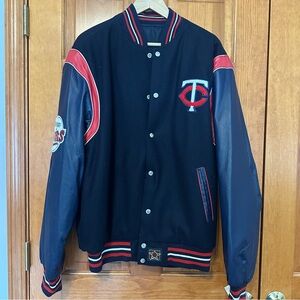 MN TWINS Men's Navy and Red leather Varsity Jacket